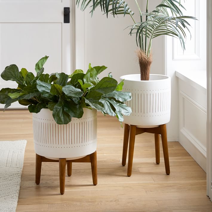 Mid-Century Turned Wood Leg Planters - Gold Stripe