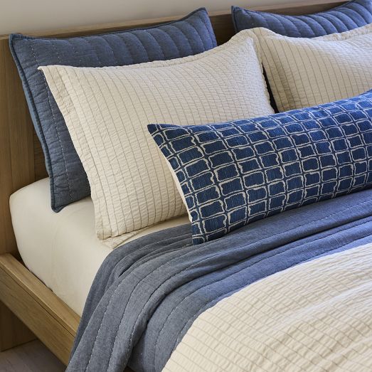 WEST ELM Light Blue Navy Striped Button Back Textured Pillow top Case Sham Inserts