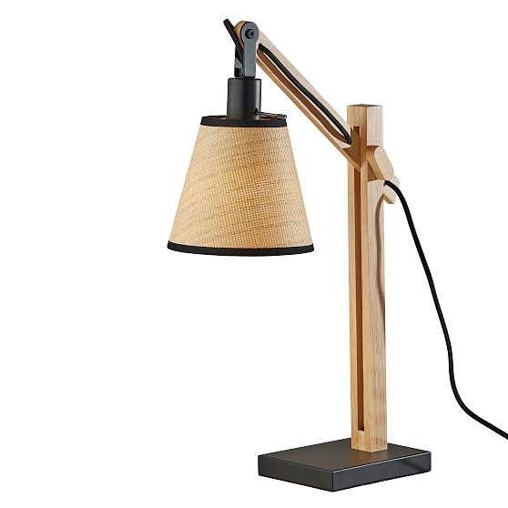 Natural Wood and Black Metal Adjustable Table Lamp