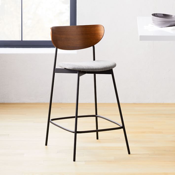 Modern Petal Wood Upholstered Counter Stool Basket Slub White Alabaster Light Bronze Dark Walnut West Elm