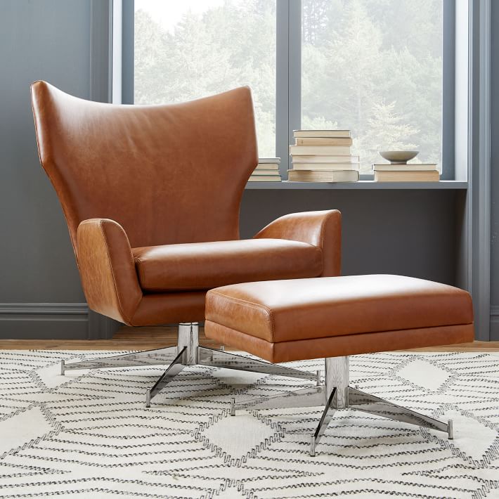 Hemming Swivel Chair Ludlow Leather Orange Cumin Polished Nickel West Elm