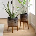 Mid-Century Turned Wood Leg Planters - Gold Stripe