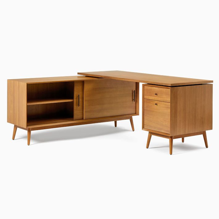 Mid Century Modular L Shaped Desk w File Cabinet Bookcase 70 ADA