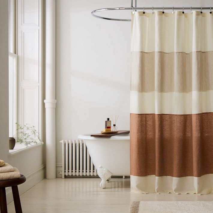 Colorblocked European Flax Linen Shower Curtain- Terracotta