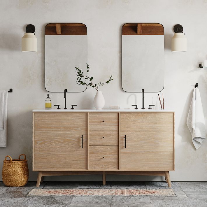 Mid-Century Double Bathroom Vanity (63&quot;) - Cerused White