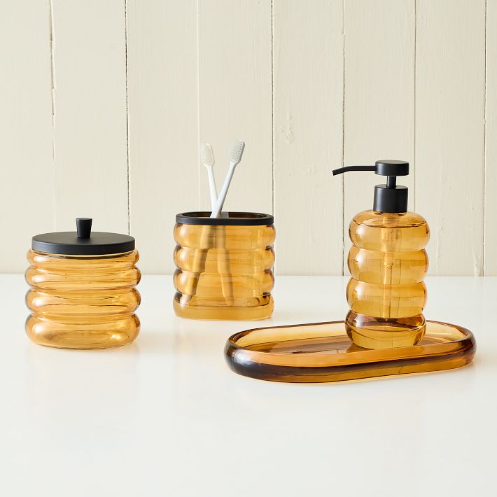 Sculptural Glass Bath Accessories, Rust: Soap Pump, Toothbrush Holder, Canister, Tray