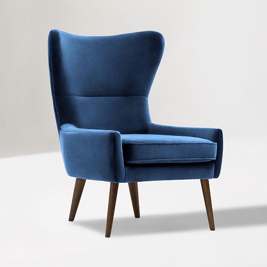 Erik Wing Chair Poly Performance Distressed Velvet Natural Dune Dark Oak West Elm