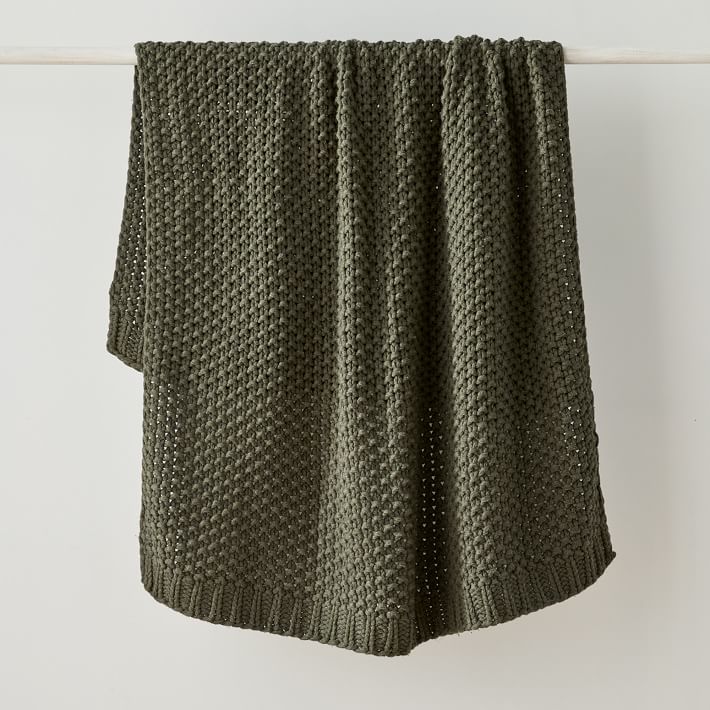 Chunky Cotton Knit Throw in Dark Olive