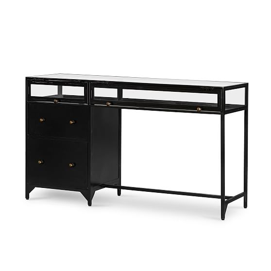 Contemporary Black Iron & Glass Home Office Desk with Drawer