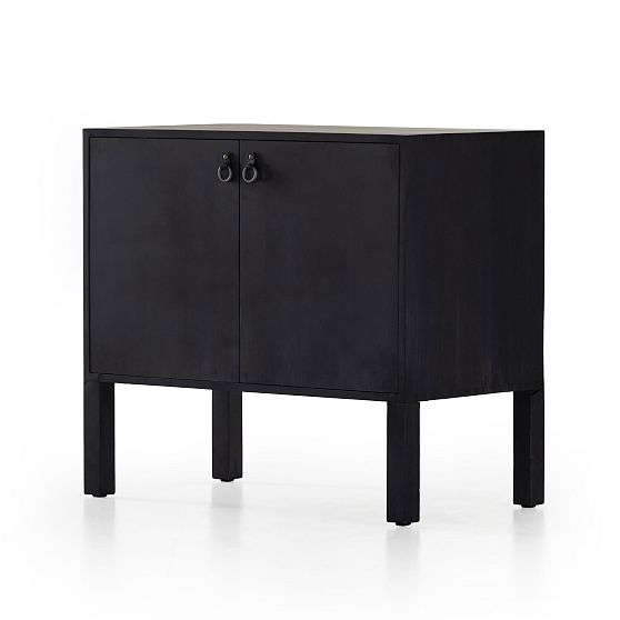 Modern Black Poplar Bar Cabinet with Leather Pulls