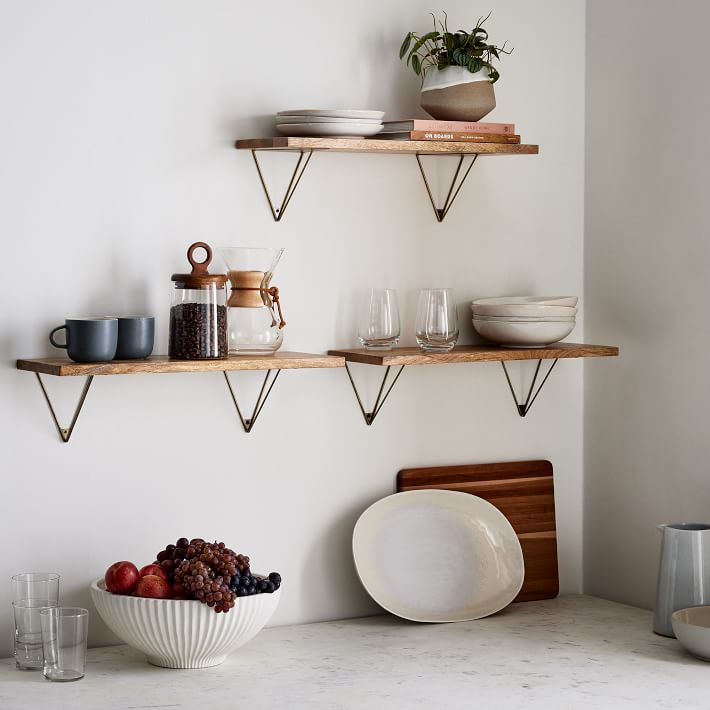 Linear Raw Mango Wood Wall Shelves with Prism Brackets