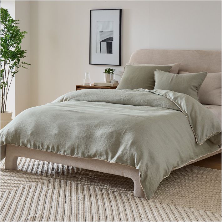 West Elm European Flax Linen Pom Pom Duvet Cover (Celadon)