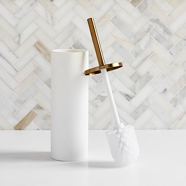 Modern Resin Stone Toilet Brush Holder, White &amp; Antique Brass