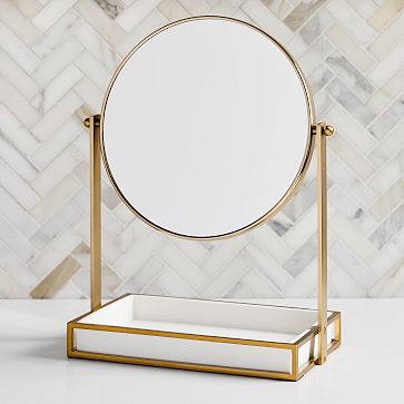 Modern Resin Stone Vanity Mirror, White &amp; Antique Brass
