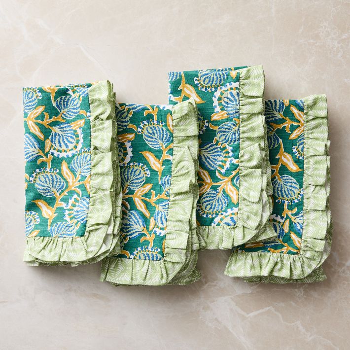 Vine Floral Cotton Napkins - "Emerald Green" Set of 4