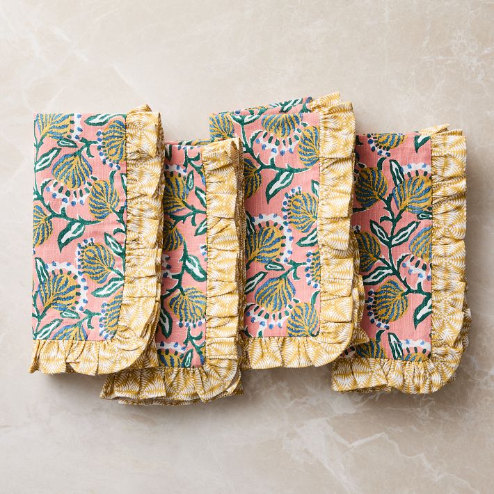 Vine Floral Cotton Napkins - "Coral Almond" Set of 4
