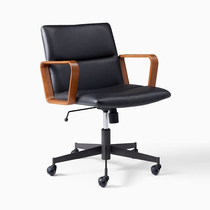 Open Box: Cooper Mid Century Office Chair - Wood Arm, Black Ludlow Leather