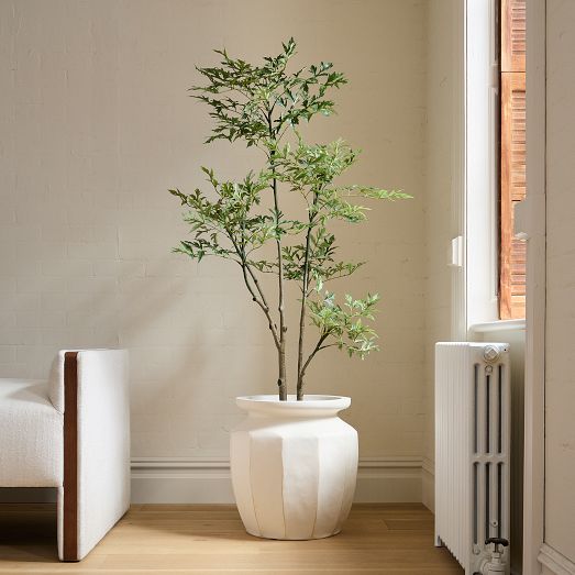 Faux Monstera Plant & Mid-Century Turned Wood Leg Planter Bundle