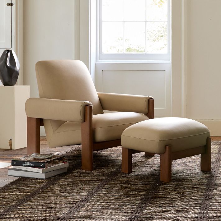 Mid Century Modern West Elm Leather Chair And Ottoman West Elm