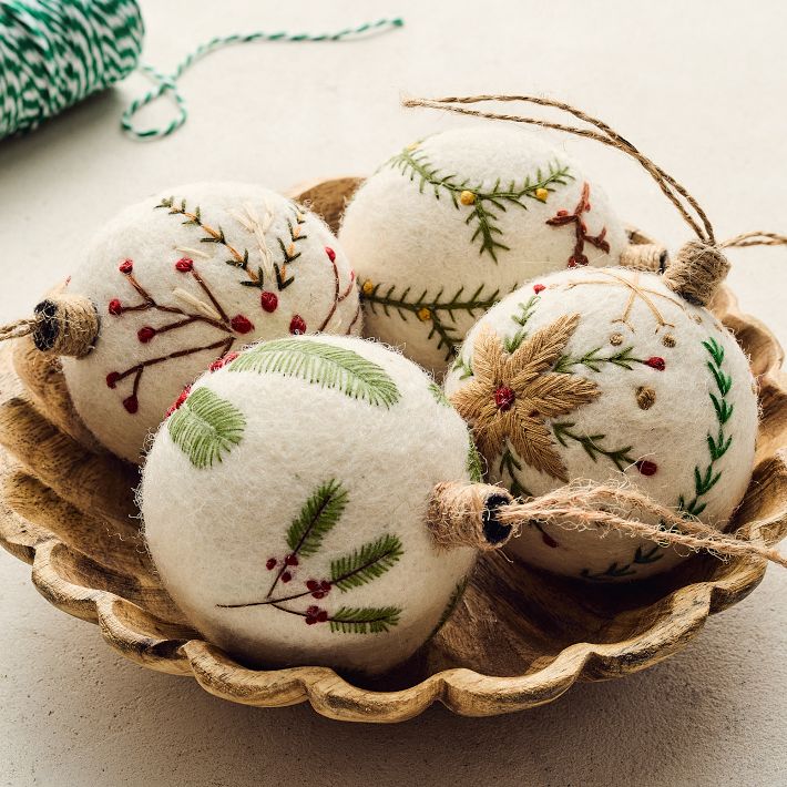 Large Embroidered Felt Ball Ornaments (Set of 4)