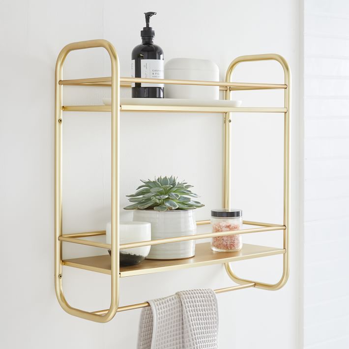 Deco Curve Metal Wall Shelves - Double, Antique Brass, Metal, 20"x22"