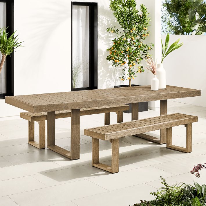 Portside Wood Outdoor Extendable Dining Table (76.5&quot;&ndash;106&quot;) &amp; Benches Set