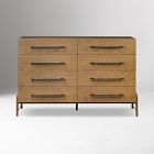 Front view of a light wood dresser with six drawers and black handles, raised on legs.