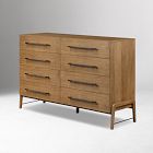 Side view of a mid-century wooden six-drawer dresser elevated on legs.