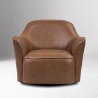 Brown leather armchair facing forward with armrests, view focused on the front.