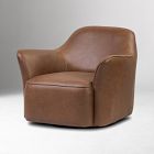 Close-up of a brown leather armchair, showing torso and seat with curved back.