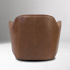 Back view of a brown leather armchair showing the seam lines and base.