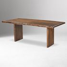 Full side view of a rustic wooden bench-style table with two legs, set against a light background.