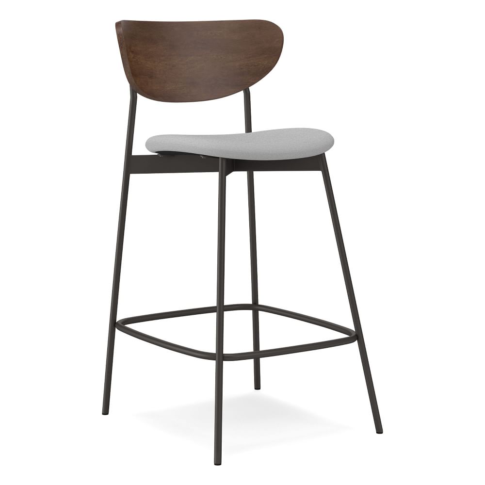 Open Box: Modern Petal Wood/Upholstered Counter Stool, Twill, Frost Gray, Dark Bronze