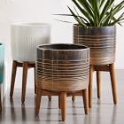 Mid-Century Turned Wood Leg Planters - Gold Stripe
