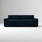 Dark blue/indigo fabric sofa with two back cushions on a clean white background