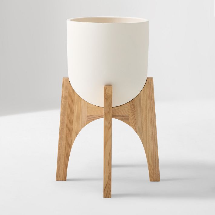 Max Planters w/ Stand - Wood And Ceramic, Blonde, Tall