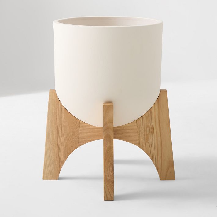 Max Planters w/ Stand - Wood And Ceramic, Blonde, Short
