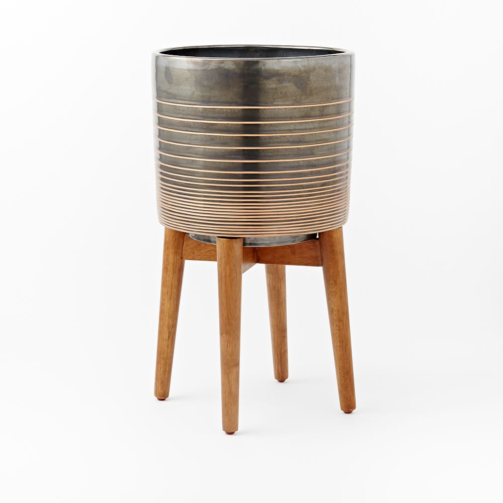 Mid-Century Turned Wood Leg Planters Wide, black and gold