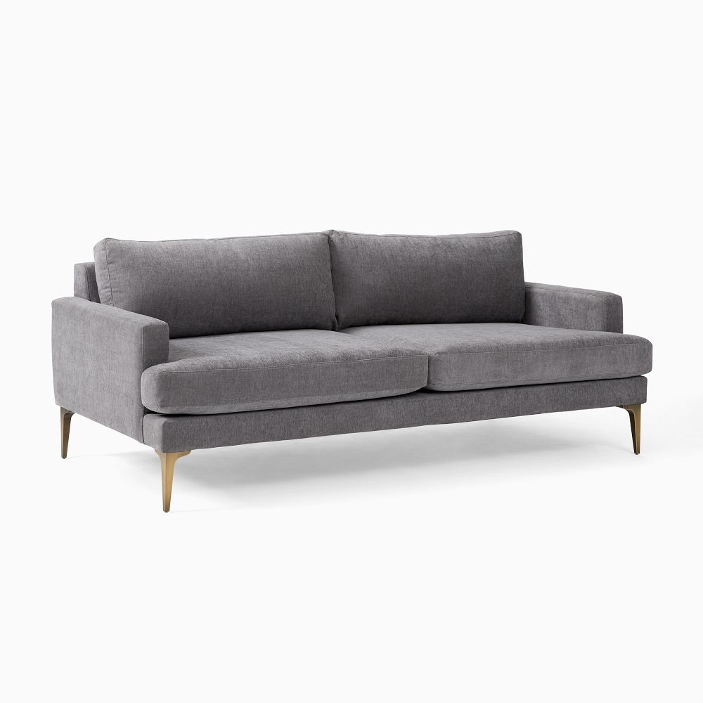 Andes 76.5in Sofa, Performance Distressed Velvet Pewter, Blackened Brass