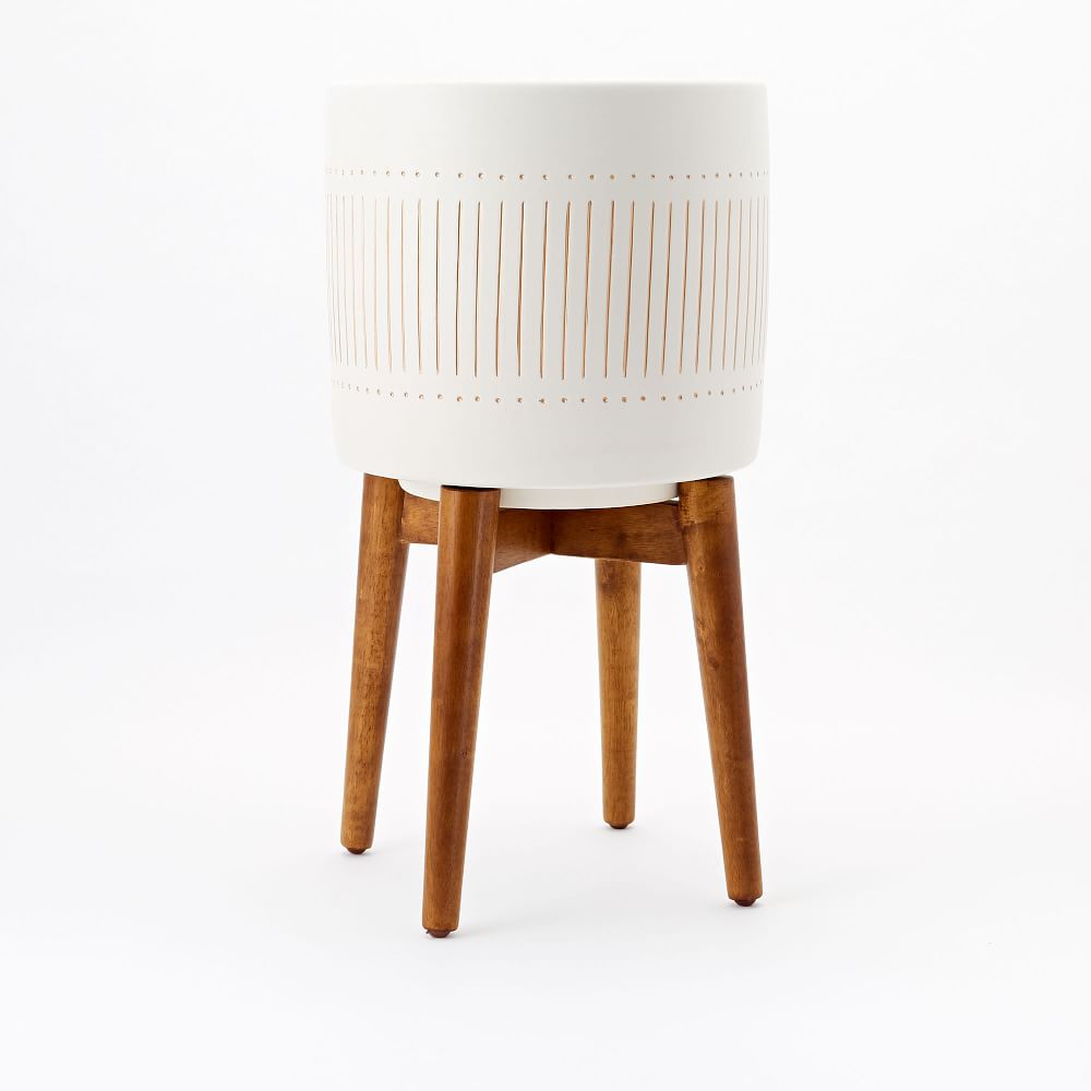 Mid-Century Turned Wood Leg Planters - Gold Stripe - Tall, 14"D x 23.6"H, White/Gold
