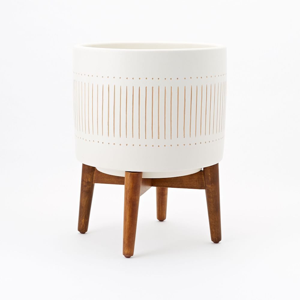 Mid-Century Turned Wood Leg Planters - Gold Stripe - Wide, 14.6"D x 18.7"H, White/Gold