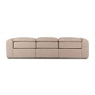 Long beige sofa with four seat cushions in a row.