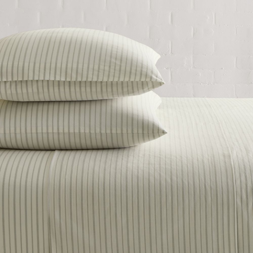 Organic Washed Cotton Percale Sheet Set - King, Vetiver Green Multistripe