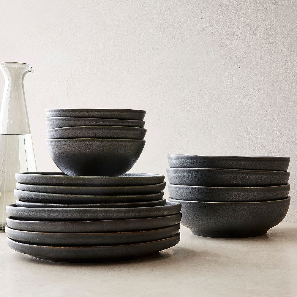Kanto Stoneware Dinnerware (Set of 16) - Black, 16-Piece Dinnerware Set