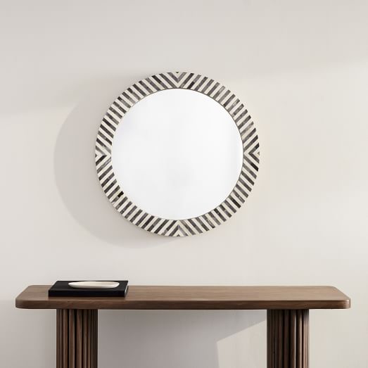 Cadre Miroir Rond Incrustation Bone Inlay - Diamètre 18 Pouces - Fait Main Personnalisable - Neuf