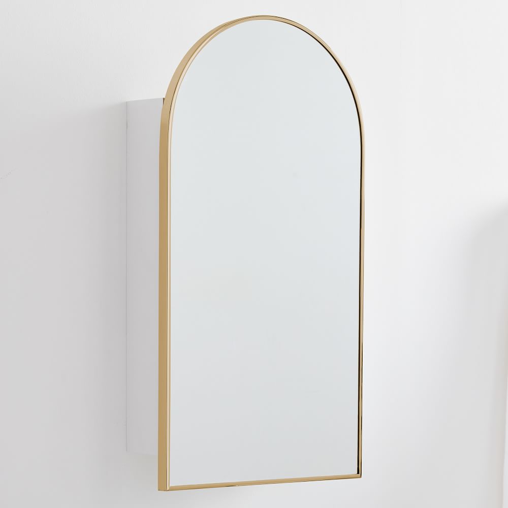 Arched Metal Framed Medicine Cabinet, Antique Brass, 16.5