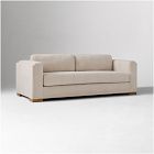 Light beige sofa with two back cushions and wooden feet, front view.