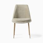 Beige upholstered chair with wooden legs, front view.