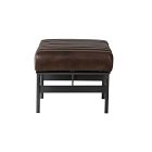 Small brown leather ottoman with black metal frame, matching bench.