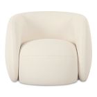 Beige cushioned lounge chair with circular base and enclosed arms.